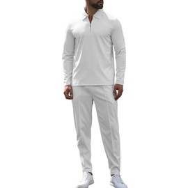 KUYIGO Mens Tracksuits 1/4 Zip Polo 2 Piece Outfits Long Sleeve Pullover Tracksuit Set Sweatshirt and Joggers Casual Waffle Tops Bottoms Sport Activewear Golf Suit XL White