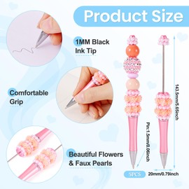 Beadthoven 5pcs Pearl Flower Beadable Pens, Fancy Glittery Beaded Pens Cute Rose Diamond Bead Pen Plastic Shaft Black Ink Ballpoint Pens for Gift Making School Office Supplies Wedding Orange Pink