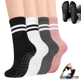BOOSEN 8 Pares Calcetines Largos de Yoga para Mujer, Calcetas Antideslizantes Ejercicio, Calcetines de Pilates, Adecuados para Deportes Interior, Trampolín, Fitness, Ballet, Yoga
