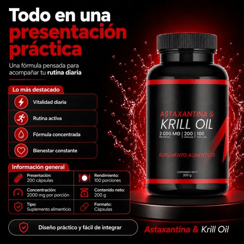 Krill Oil Y Astaxantina 2000 Mg Suplemento 200 Cápsulas