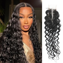 MOMOSHERO Water Wave Closure 18 Inch 2x6 HD Lace Closure Brazilian 10A Remy Human Hair Pre Plucked Transparent Lace Middle Part Wet and Wavy Closure with Baby Hair Natural Black Color Curly Extensions