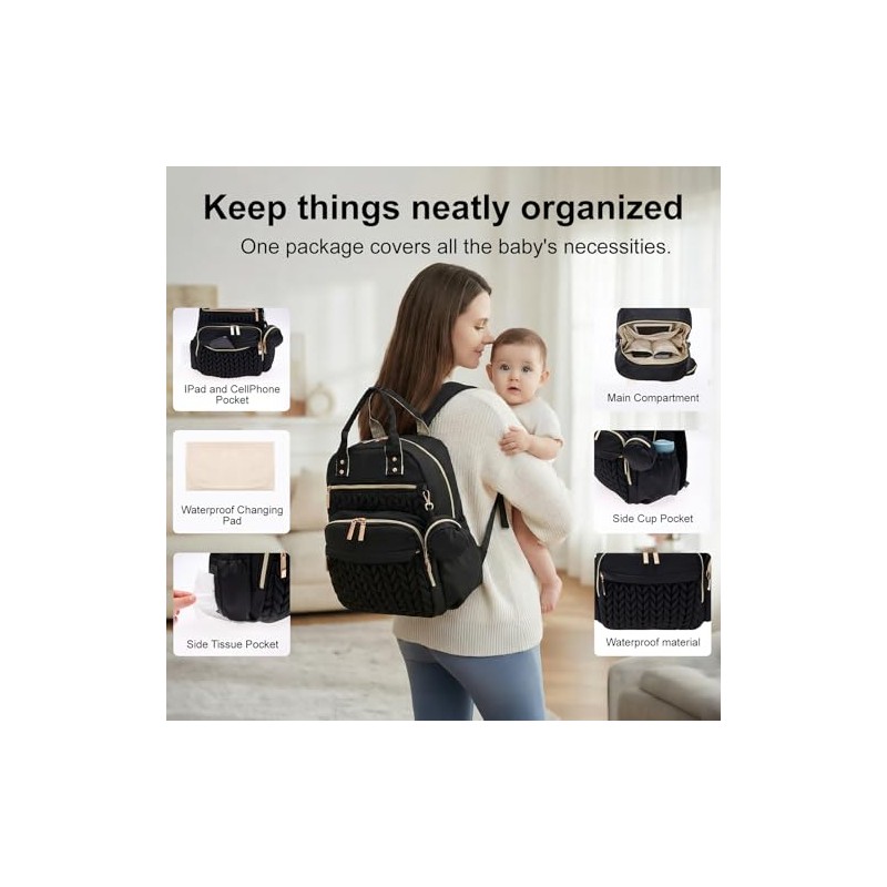 Baby Changing Bag Backpack, Quilted Waterproof Nappy Bag with Insulated