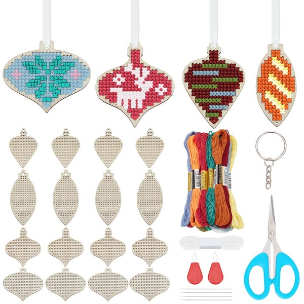 FREEBLOSS Pack of 16 Christmas Cross Stitch Set Wooden Bulb
