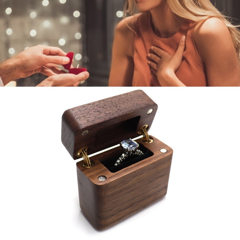 Ring Box Walnut Magnetic Cover Inlay Fleece Portable Wooden Wedding