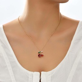 TseenYi Red Cherry Necklace Vintage Cherry Fruit Necklace Crystal Cherry Pendant Necklace Gold Cherry Necklace CZ Ruby Fruit Pendant Necklace Jewellery for Women and Girls Gifts, Zinc