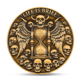 Memento Mori Challenge Coin – Grim Reaper with Flaming Skull and Hourglass Design, Life is Brief Death Reminder Token, Metal Collector Coin with Acrylic Case for Reflection and Display