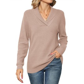 IECCP Women's Jumpers V Neck Long Sleeve Tops Women Solid Color Pullover Lapel Knit Sweater Khaki XL