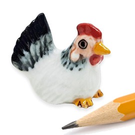 WitnyStore Tiny ⅞ Inch Long Black White Bantam Hen Figurine - Chicken Rooster Chicks Ceramic Figurines Miniature Poultry Farm Animal Decorative Collectible Hand Made Painted Porcelain Gifts Souvenir