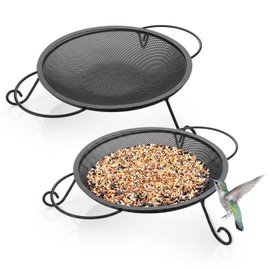 LOYIM 2 Packs Ground Platform Bird Feeder Tray, 11.8 Inch Stainless Steel Large Wild Birds Feeder Mesh Seed Tray with Exquisite Stand Mourning Dove Crow Feeding Station for Garden Backyard Decoration
