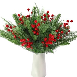 Vellibring 60 PCS Artificial Pine Branches Christmas Faux Pine Greenery Stems Red Holly Berries Fake Cedar Pine Needles Picks for Christmas Tree Wreath Garland DIY Crafts Holiday Home Decoration