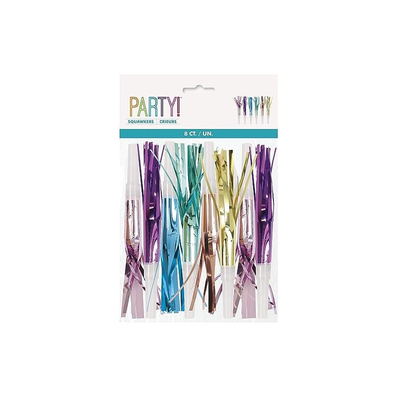 Unique 93429 Noisemaker Party Blowers-Assorted Foil Colours-Pack of 8