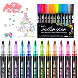 LOKIPA 12 Colors Markers Metallic, Shimmer Markers Outline Double Line Metallic Pens Set Outline Pens for kids ages 8-12 Shimmer Glitter Pens Set for Birthday Greeting, DIY Art Crafts, Scrap Booking