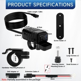 Thlevel USB C Car Charger Socket 12V Motorbike Charger 18W QC3.0 USB and 30W PD Type-C with Switch and LED Voltmeter for 12V ~24V Bike Motorbike Car Motorhome Boat