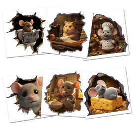 WICVIC 6 Pcs 3D Mouse Hole Sticker Vinyl Mice Cracked Wall Decals Funny Animal Stickers Car Bumper Laptop Door Kitchen Corner Baseboard Decor Birthday Christmas Gifts for Daughter Son Mom Friends