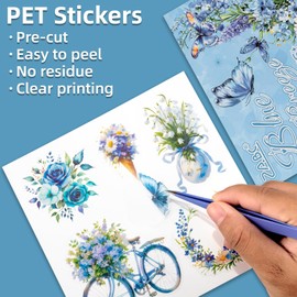 Uideyvi Blue Butterfly Garden Theme Sticker Scrapbooking Supplies for Junk Journal, 30 Sheets PET Stickers - Vintage Journaling Stickers, Ephemera Sticker Book Pre Cut(TZ-005-002)