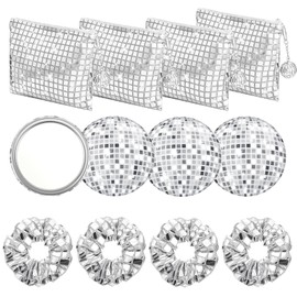 JDRGJTH 12 Pcs Disco Cosmetics Bag,Sequin Hair Circle, Glitter Mirror,Portable Silver Sequins Handbag with Disco Accessories Make Up Travel Bag Essentials 70s 80s 90s Disco Party Favor