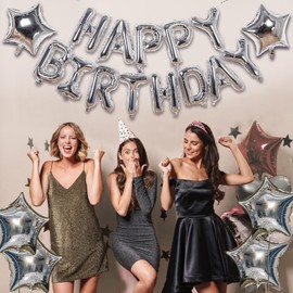 Happy Birthday Banner,16 inch Mylar Foil Letters Happy Birthday Balloons with 2 pcs Star Balloons, Silver Happy Birthday Party Decorations for Women Men Kids and Adults Birthday Party Supplies Decor