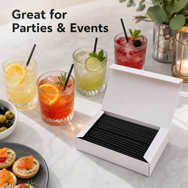 100Pcs 6x190mm Plastic Straws,Black Straws