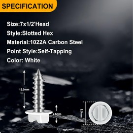 BOPOWO 300 Pcs #7x1/2 Self-Tapping Gutter Screws White Painted Slotted Hex Washer Head #7x1/2 Zinc Plated Finish, Includes 1/4" Magnetic Hex Driver – for Gutter Install