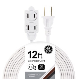 GE 3-Outlet Extension Cord with Multiple Outlets 12 Ft Extension Cord Power Strip 2 Prong 16 Gauge Twist-to-Close Safety Covers Indoor Cord UL Listed White 86235