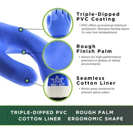 SHOWA Atlas 660 Triple-Dipped PVC Coated Chemical Resistant Safety Glove with Cotton Liner, 12" Length, XX-Large (1 Pair)