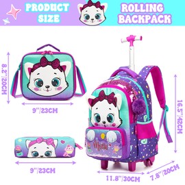 MYHSBYO Rolling Backpack with Wheels for Girls Kids Cute Cat Rolling Backpack with Lunch Bag and Pencil Case Set Kids Travel Luggage for Elementary Girls Ages 5-12