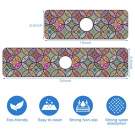 Kitchen Faucet Mat Islam Mandala Floral Flower Sink Splash Guard Behind Faucet Draining Mat Kitchen Accessories Non-slip Easy to Clean for Bathroom & Kitchen 24"X5.5"