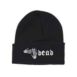 Nostalgic Clothing Hashtag Dead Skeleton Hand Embroidered Slogan Knitted Beanie Hat Black