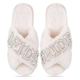 KEYUSHOP Bride Slippers for Wedding - Soft White Women's Wedding Shoes - Fuzzy Cross Band Open Toe Bridal Shower Party Bridesmaid Slippers