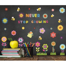 OLMIXA Colorful Spring Garden Flower Wall Decals - Never Stop Growing Inspirational Quote Wall Stickers - Vinyl Positive Spring Floral Wall Decals for Kindergarten Playroom Classroom Decor
