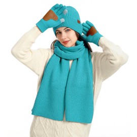 Yoolhamy Hat Scarf and Gloves Set Ladies Women 3pcs Winter Thermal Thick Knitted Beanie Cap Long Scarf Touch Screen Gloves for Neck Warmer Outdoor Ski Cap (Lakeland)