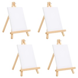Belle Vous Mini Canvas with Wooden Picture Holder Stand Table Easel (Pack of 4) - L 20 cm x W 15 cm - Pre-Strung, Primed Blank Canvas - With Canvas Stand for Children, Arts & Crafts