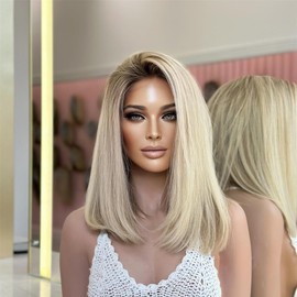 Synthetic Blond Hair Ombre Light Ash Blonde Straight Short Bob Wig For Woman Lace Front Wigs Cosplay Party Daily Wear Glueless Hair Premium Fibre Heat Resistant with Ash Roots Preplucked