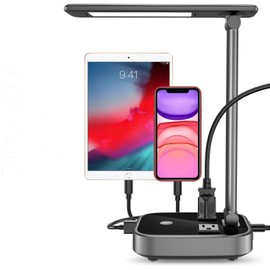 LED Desk Lamp with 4 USB Charging Ports and 2 AC Outlets, 8.2ft Extension Cord Power Strip Station, 3 Level Brightness, Touch Dimmer Control, Office Table Eye Care Lamp Bedroom Hotel