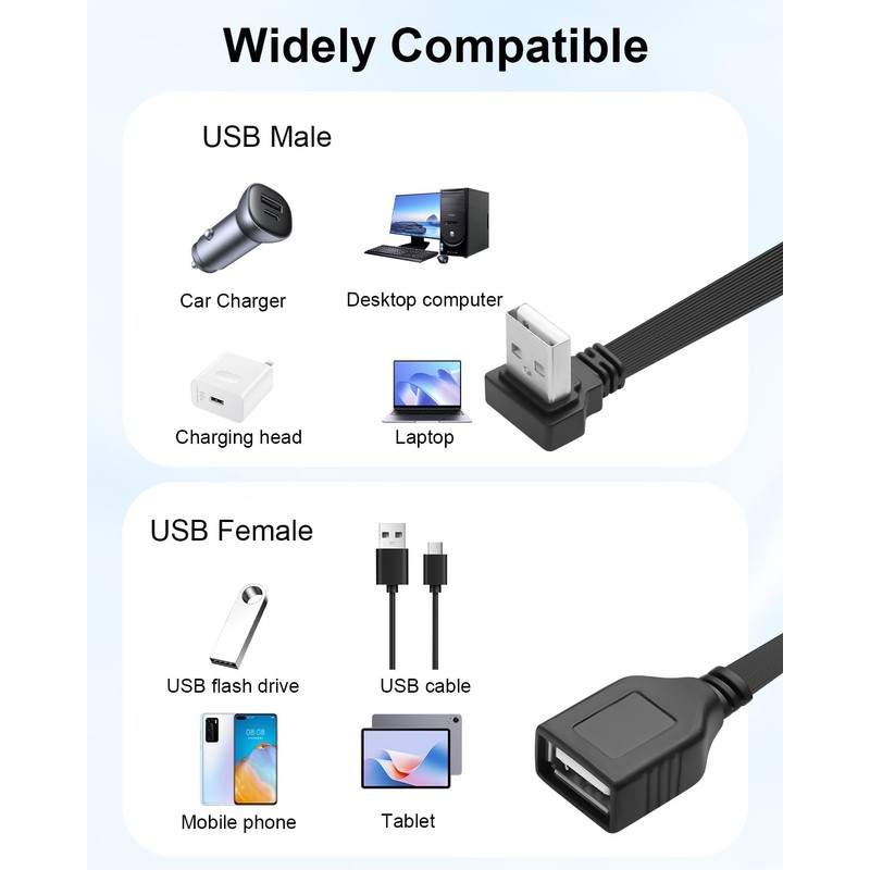JSADZKJ 90°Angle Short USB Extension Cable,Flat USB-A Male to Female
