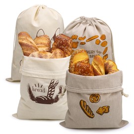 Xialvyu Brotbeutel, 4 Stück Wiederverwendbar Leinen Brotbeutel Aufbewahrung Frischhalten Große Brotsack Kordelzug Beutel für Brot,selbstgemachtes Brot und weitere Lebensmittel