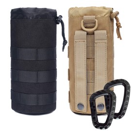 Novemkada Water Bottles Pouches - 1000D Tactical Molle Drawstring 32OZ Hydration Carrier Bag (Black+Tan)