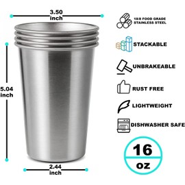 SMLIXE 16 Pack 16oz Stainless Steel Pint Cup,Healthy Unbreakable and Stackable,Metal Drinking Glasses