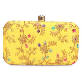 LONGING TO BUY Hand Crafted Designer Box Clutch For Women, Zari Embroidery Clutch For Women (Yellow Multi-2)