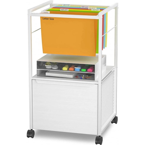 FastFurninshing White Metal Wood Rolling File Cabinet with Open File