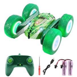 Remote Control Car Stunt RC Cars, 4WD 2.4Ghz Off Road Drift RC Race Car，Double Sided 360° Rotating RC Crawler with LED Headlights Toy for Gift (Green)
