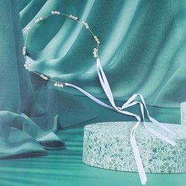 Yheakne Pearl Bridal Hair Band Gold Pearl Wedding Hair Band Hairpiece Bridal Hair Vine Ribbon Pearl Headgear Decorative Headgear Pearl Hairpiece Wedding Hair Accessories for Women and Girls