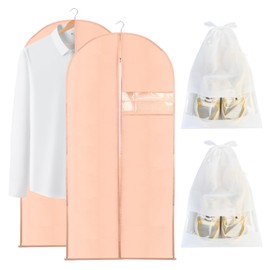 Tenbrachian 2 Garment Bags & 2 Shoe Bags, 23 x 47 in Suit Bags and Garment Covers Bags, Dust-Proof Clothes Covers Protector Bags, Moth Proof Dress Bags with Zip, for Coat Jacket(Pink + White)