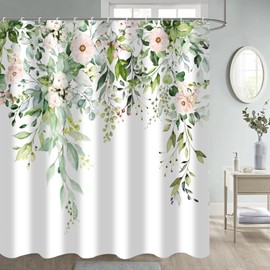 GKLEASG Sage Green Eucalyptus Shower Curtain Watercolor Leaves Floral Spring Leaf Plant Bathroom Curtains Waterproof Fabric Bathtub Curtains Set with Hooks 72"x72"