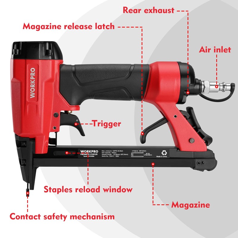 WORKPRO 7116 Pneumatic Staple Gun, 22 Gauge Upholstery Stapler with