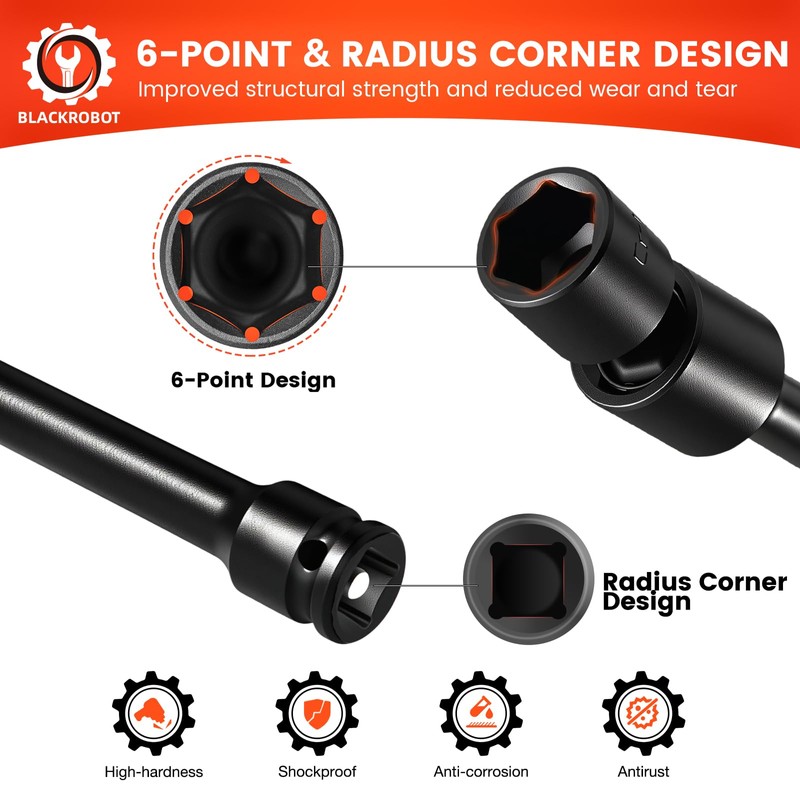 BLACKROBOT 10-Inch 3/8" Drive Impact Swivel Extension Socket Set -
