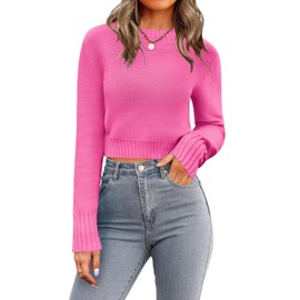 Zeagoo Women's Fall Crewneck Cropped Sweater 2025 Trendy Soft Ribbed Knit Long Sleeve Pullover Jumper Tops Pink