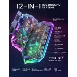 JSAUX RGB Docking Station for Steam Deck (OLED)/ROG Ally/Legion Go, 12-in-1 Handheld Dock with 4K@120Hz HDMI & DisplayPort Gigabit Ethernet USB C 3.2 USB A 3.2/2.0, SD/TF Slots 3.5mm Jack-HB1201S