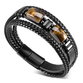 sdhiiolp Men's Leather Bracelet, Natural Tiger's Eye Bracelet, Braided Leather with Magnetic Closure, Gift for Boyfriend, Husband, Dad, Men, One size, Leather, Tiger Eye Stone