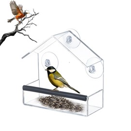 Window Bird Feeder Transparent with Super Suction Cup, Detachable Tray with Drainage Hole, Wild Bird with Roof Windproof and Rainproof Transparent Ornamental for Gardens & Outdoor